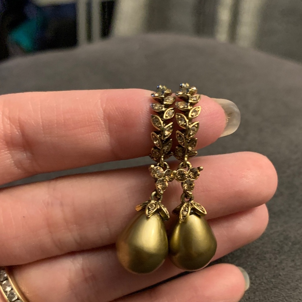 Vintage Monet Gold Rhinestone Hoop Earrings with Pearl Teardrops